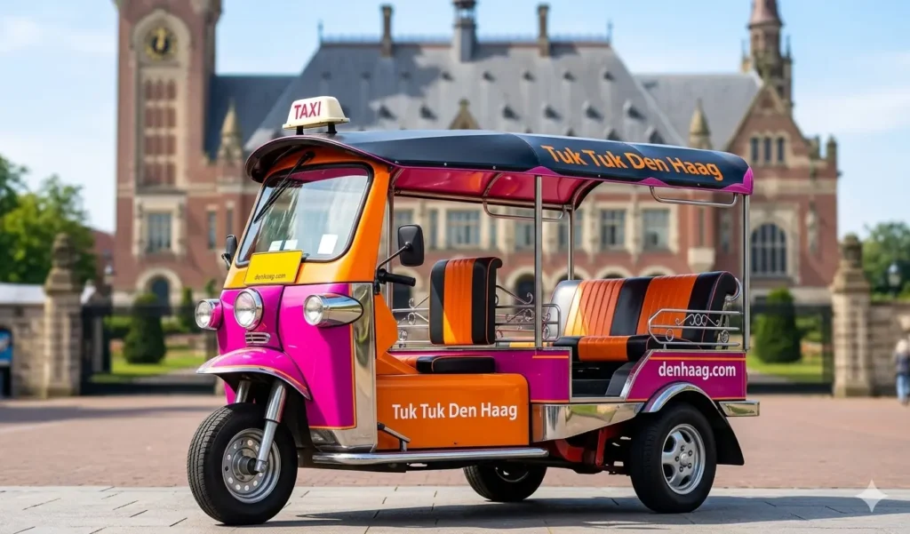 Eine farbenfrohe Tuk Tuk Den Haag vor dem Friedenspalast an einem sonnigen Tag