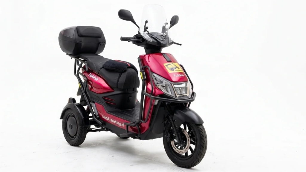 De opvallende rode Tukkie scooter van TukTuk-Den Haag, uitgerust met een windscherm en topkoffer.