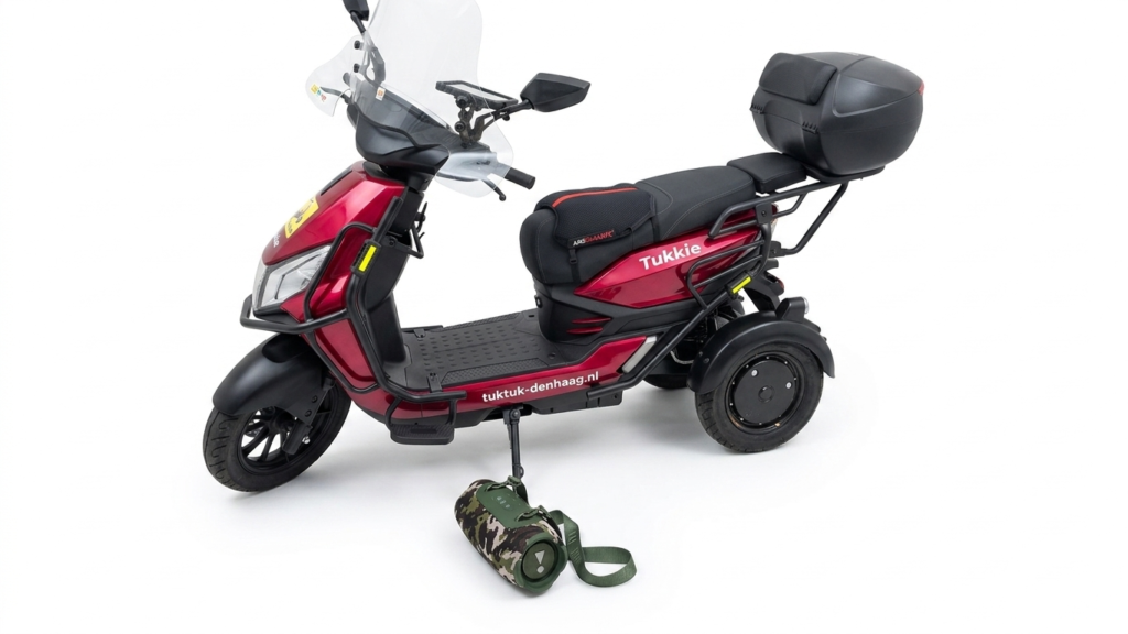 De rode Tukkie scooter van TukTuk-Den Haag, uitgerust met een draagbare JBL speaker.